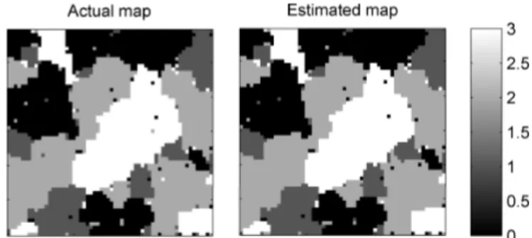 Fig. 3. Actual (left) and estimated (right) classification maps of the synthetic image associated with the first scenario.