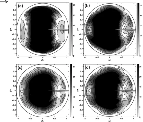 Figure 8. Top view of the bio ﬁlm pattern on hemispheres in the ﬁrst experiment IV A6.5 4 days (left) and 7 days (right) after inoculumFigure 7.Top view of the isovalues of the mean local shear stressτ on a hemisphere for (a) IVA6.5, (b) IVS6.5, (c) LVS6.5