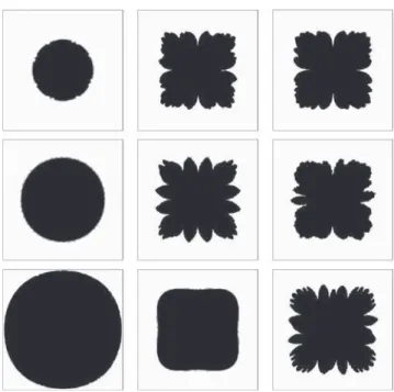 Fig. 4 The optimal shapes for the mesh-morphing method and fixed dissipation. The conductivity of the solid phase c 2 = σ 2 are equal to (from left to right) : 1, 5, 10 and the total dissipation is set equal to (from top to bottom) : D = 0.1, 1, 10