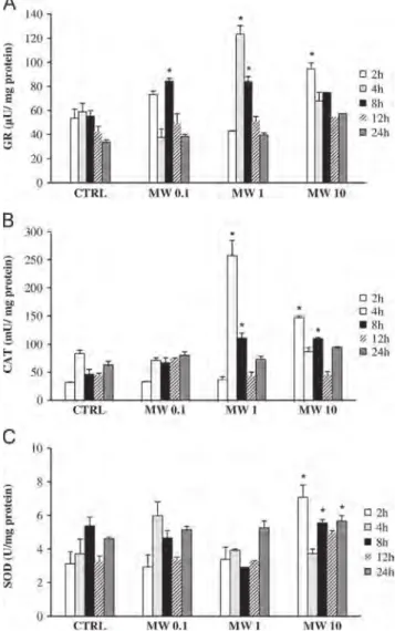 Fig. 1. Antioxidant enzymes activities in Xenopus laevis tadpoles exposed to different concentrations of MWCNTs