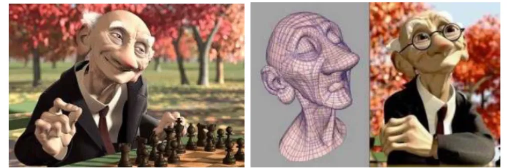 Figure 1.1 – Un extrait du court-métrage d’animation Geri’s game et la modéli- modéli-sation du personnage par surface de subdivision