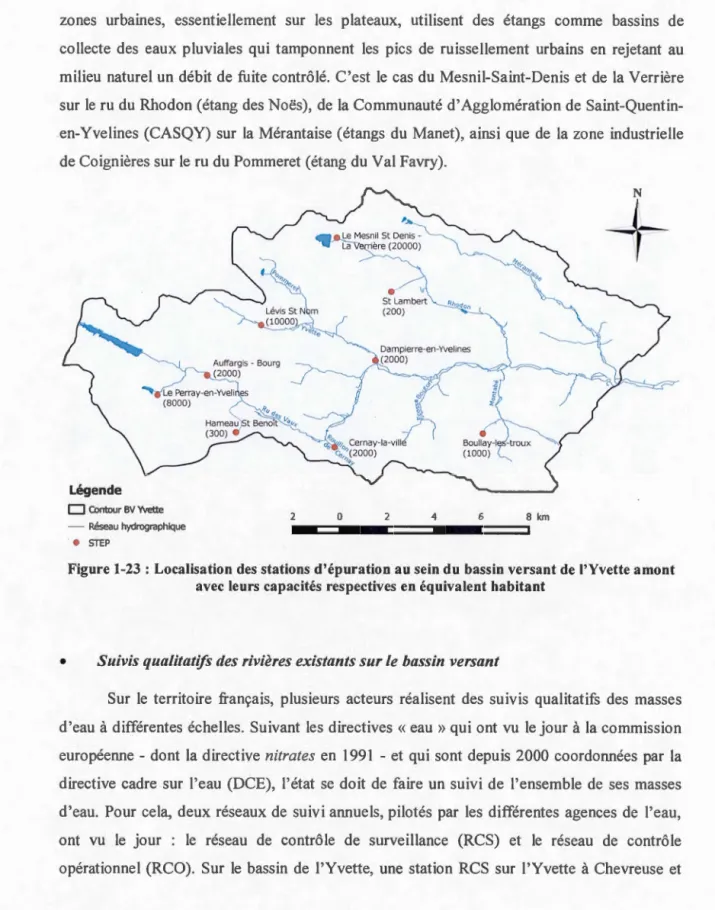 Figure 1-23  :  Localisation des stations d'épuration au sein du  bassin versant de l'Yvette amont  avec leurs capacités  respectives en équivalent habitant 