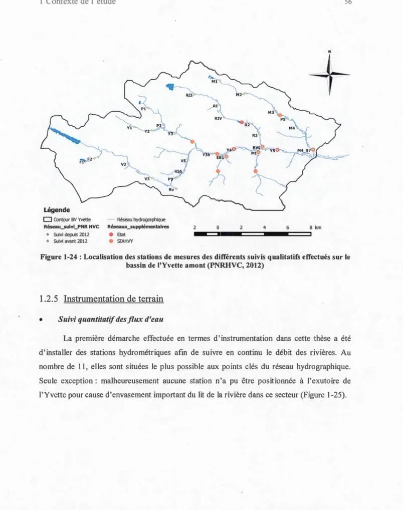 Figure  l-24  : Localisation des stations de  mesures des diffé rents s uivis qualitatif s effectués sur le  bass in de l'Yvette amont (PNRHVC, 2012) 