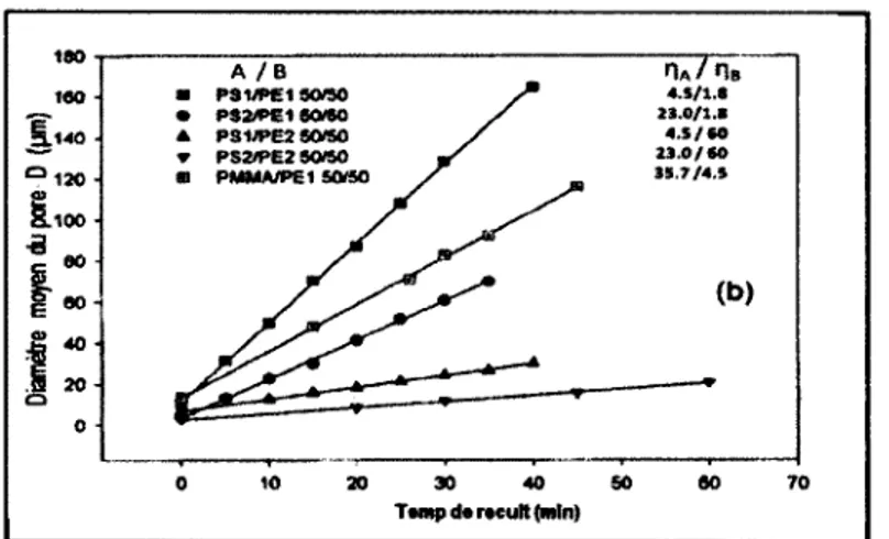 Figure 2.10.  Diamètre moyen du pore D des mélanges de viscosités différentes en fonction du temps de recuit à 200°C