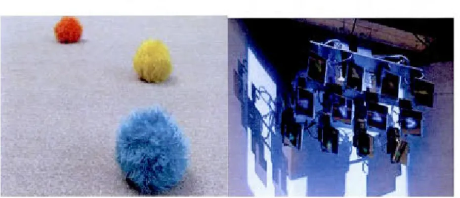 Fig.  10  Flock,  Marc Fournel,  instrument et installation  interactive, 2006. Les  balles comme  interface  physique et les  miroirs mobiles diffusant  la  projection  vers  le  sol  et  réagissant aux déplacements des balles