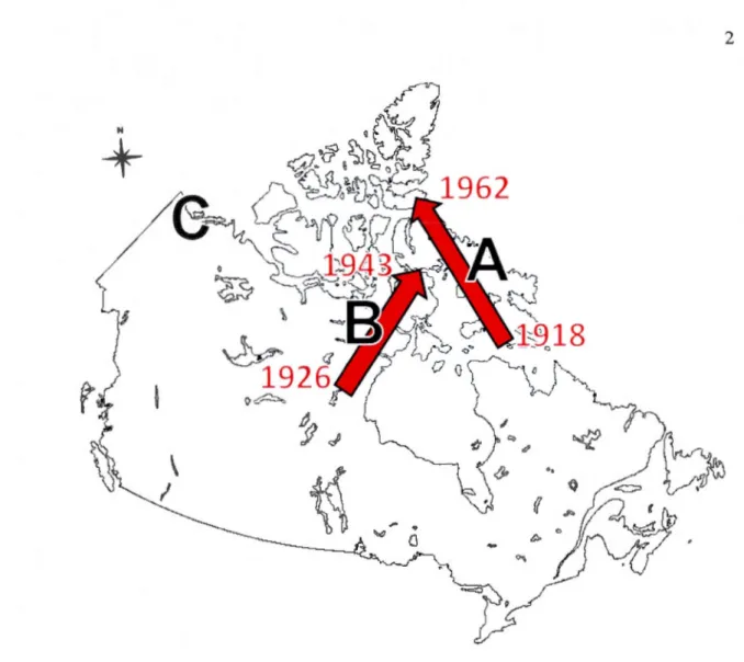 Figure 0.1  L'expansion  nordique du  renard  roux dan s  l' Arctique canadien (flèches et  années) 