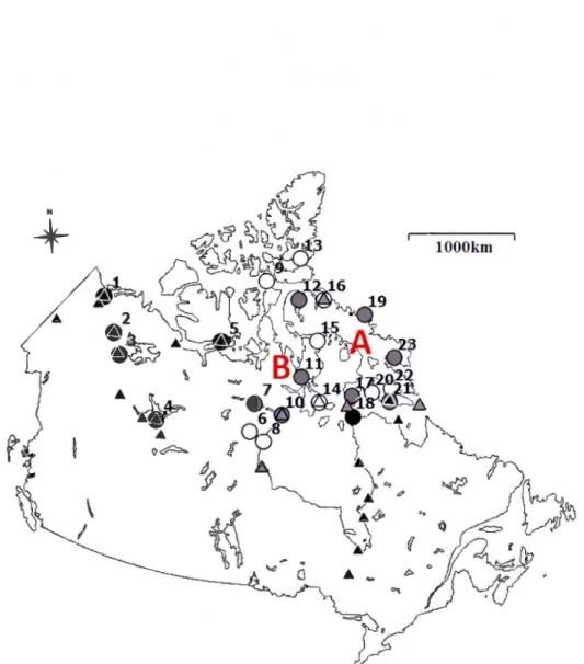 Figure 1.1  Geographical  origin  of  data from  northern Canada used  in  this study
