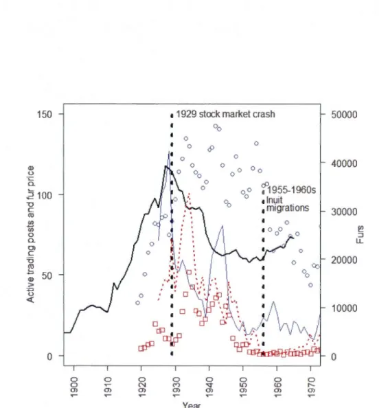Figure 1.2 Temporal trends ofthe fur trade industry  in  the Northwest Territories (inc luding  present-day Nunavut) from  1900 to  1970