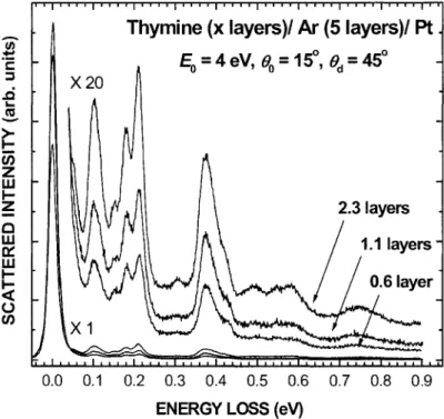 Fig.  7.  Vibrational  EEL spectra for  4-eV electrons  incident on 0.6,  1.1  and  2.3  layers of thymine deposited by the secondary oven B onto a five-layer film of Ar  condensed  on  a  polycrystalline  Pt  substrate  at  a  temperature  of 18  K