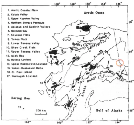 Figure 2 Localisation des  dépôts  éoliens,  Alaska.  La zone  en  rouge  représente la  zone d'étude