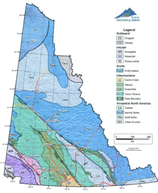 Figure  1.4  Carte représentant les  différentes  terranes et les  failles  majeures  constituant  le  Yukon