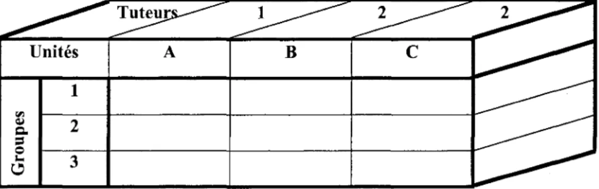 Figure 3 : Devis d'analyse des strategies utilisees en fonction des unites d'APP, des  groupes d'appartenance des sujets et des tuteurs 