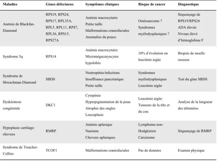 Tableau 1 : Résumé des principales ribosomopathies et de leurs caractéristiques cliniques