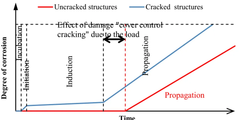 Figure II-13 Phenomenological models for corrosion process in concrete Tuuti,1982 [33] and for cracked  structures, François et al., 1994 [35] 