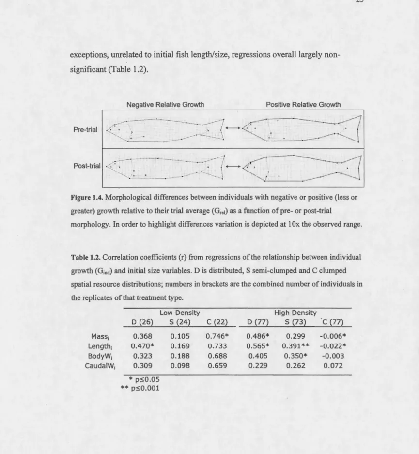 Figure 1.4. Morphological differences between  individuals with negative or positive (less or  greater) growth relative to the ir trial  average  (Grel)  as  a function of  pre- or post-trial 