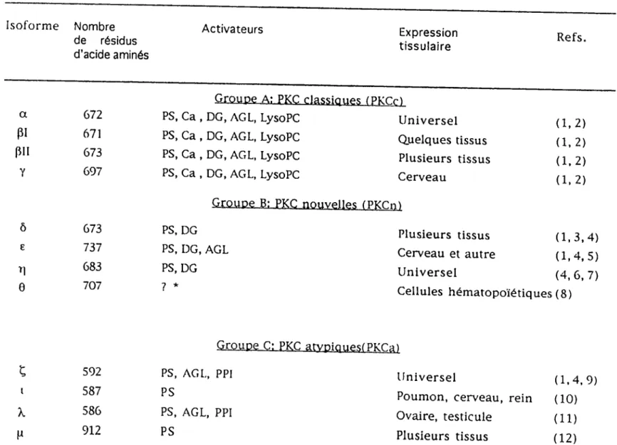 Tableau 1. Caractéristiques des différents isoformes de la PKC