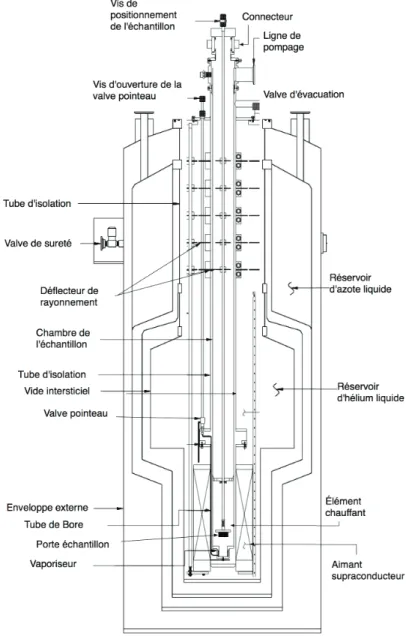 Figure 2.4 – Schéma en coupe du cryostat Janis illustrant les composantes principales du système