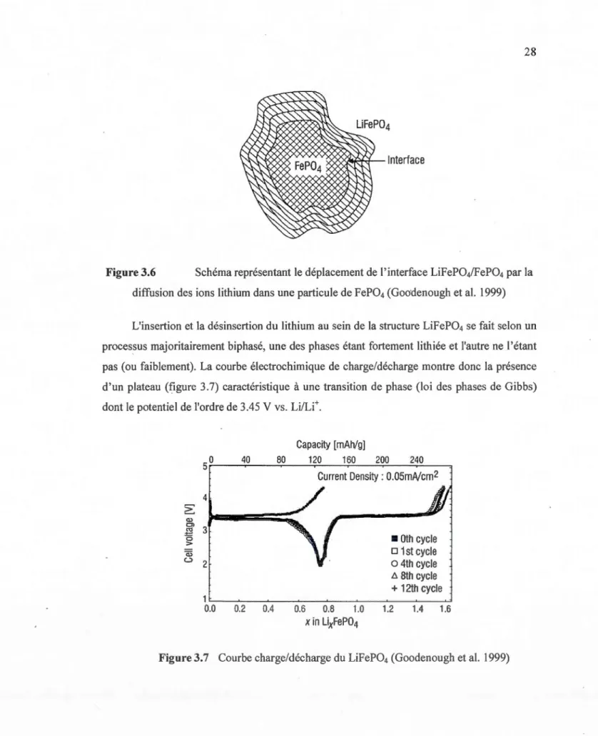 Figure 3.6  Schéma représentant le  déplacement de  l' interface LiFeP0 4 /FeP0 4  par la  diffusion des  ions  lithium dans une particule de FeP0 4  (Goo'denough  et al