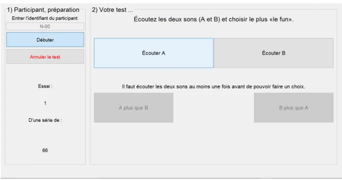 Figure 4.6 Interface graphique utilisée pour les tests d'écoute par comparaison de paires avec choix forcé.