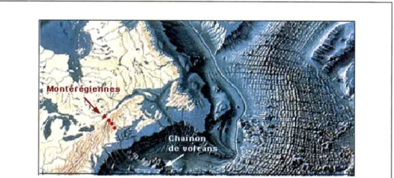 Figure 8  :  les Montérégiennes dans le contexte géologique régional  (P.-A. Bourque, Département de géologie et de génie géologique de l'Université Laval,  2006)