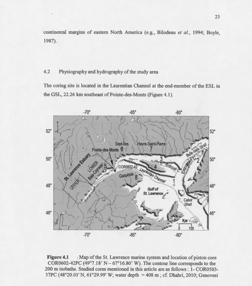 Figure 4.1  :  Map of the St.  Lawrence marine system and location of piston core  COR0602-42PC (49°7.18'  N - 67°16.80'  W)