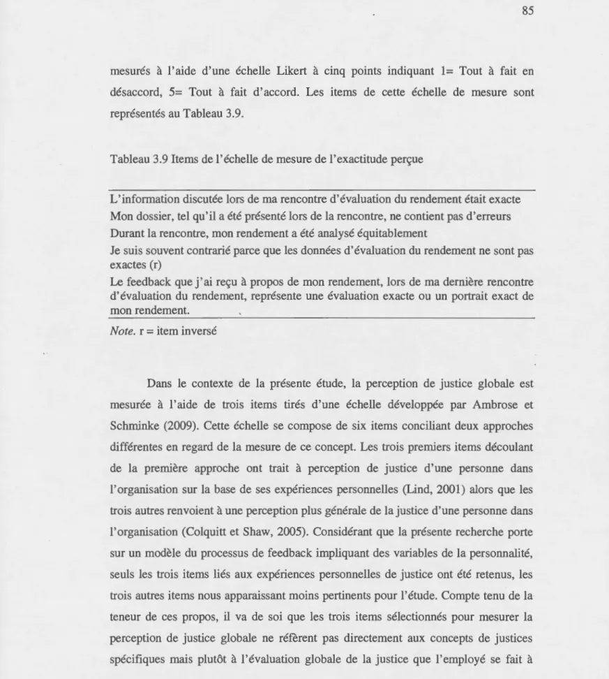Tableau 3.9 Items de l'échelle de mesure de l'exactitude perçue 