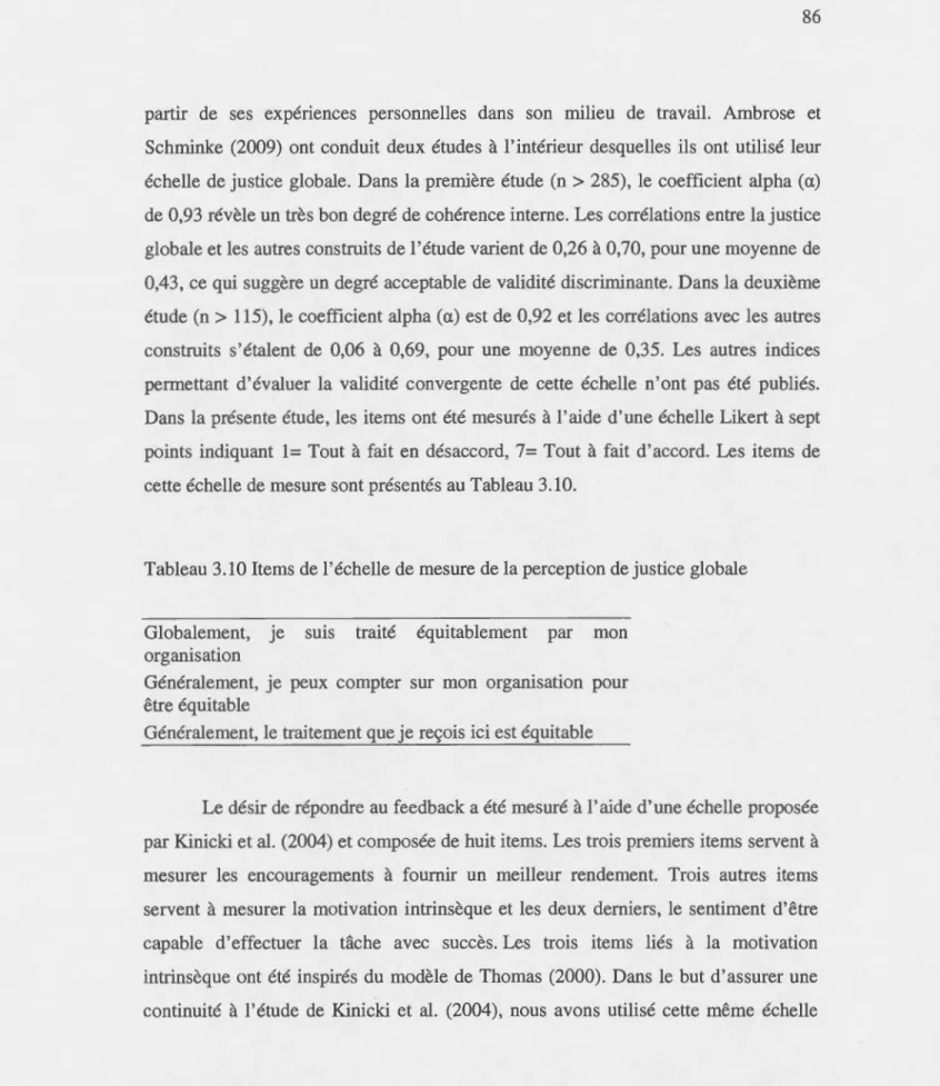 Tableau  3.10 Items de l'échelle de mesure de la perception de justice globale 