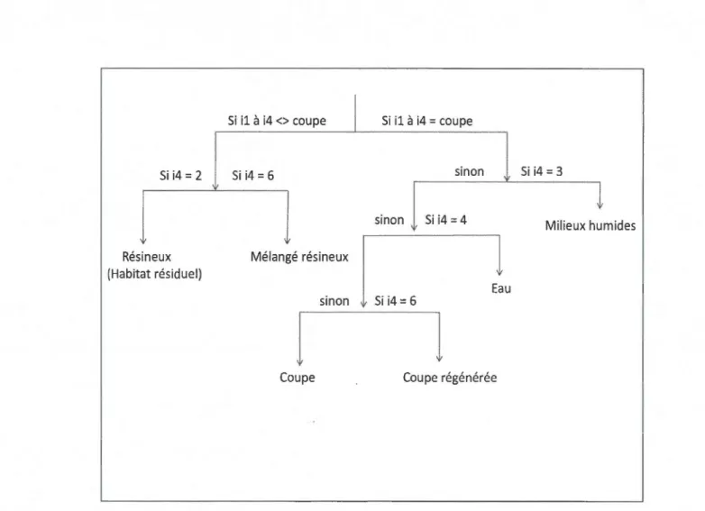 Figure 2.4  Clés  décisionnelle  pour  di stinguer  les  habitats  résiduels  de  type  résineux  des  habitats  de · type  mélangés  issus  de  la  régénération  après  coupe