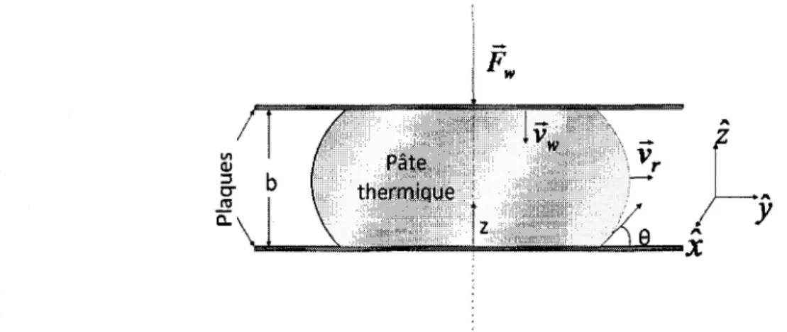 figure 1.6 : Schema illustrant la problematique de l'ecoulement d'un fluide visqueux compresse entre  deux plaques paralleles 