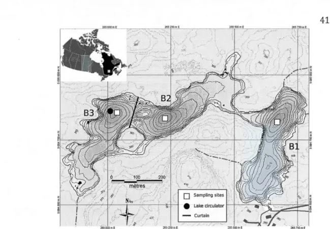 Figure 2.1 Bathymetrie map of L.  Croche (Station de Biologie des Laurentides; Carignan,  2010), the  white squares  represent the sampling sites, the black circle  is  the lake circulator and 