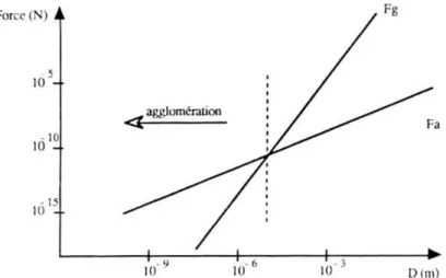 Figure 2.9 Forces d’adhésion et d’attraction de masse en fonction du diamètre de la particule [Saint-Raymond, 1995]