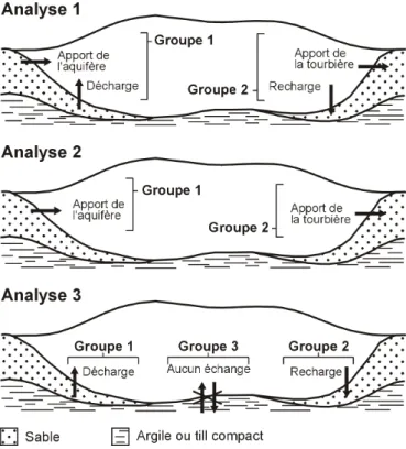 Figure  3.  Représentation des groupes d’échange tourbière-aquifère  utilisés pour identifier les espèces ou associations  d’espèces indicatrices.