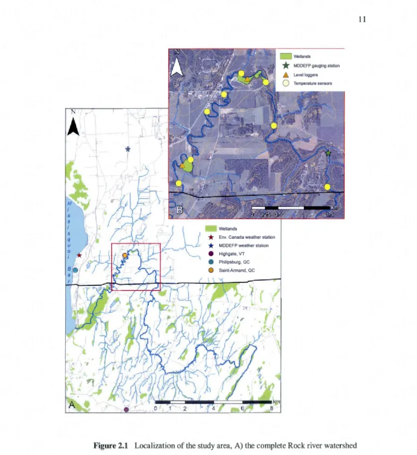Figure 2.1  Localization of the st udy area, A)  the complete Rock river watershed  andB) the  10 km study rea ch  (V  ANR, 20 10; Moisan, 20 Il )