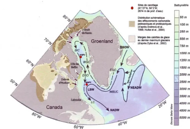 Figure  1 - Carte  de  localisation  des  sites  de  prélèvement  des  séquences  sédimentaires  HU08-029-004PC  et  HU08~029- 016PC  en  mer  du  Labrador  et  en  baie  de  Baffm,  et  représentant  : la  bathymétrie  de  la  région,  l' extension  des  