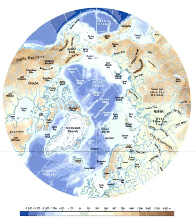 Figure  L 1:  Topography  and  bathymetry  of the  Arctic  based  on  the  ETOPOS  data  set,  NOAA  1988 (AMAP  1998)