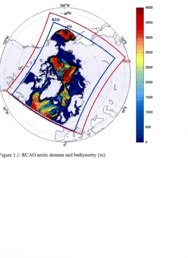 Figure 1.1:  RCAO arctic domain and bathymetry (rn) . 