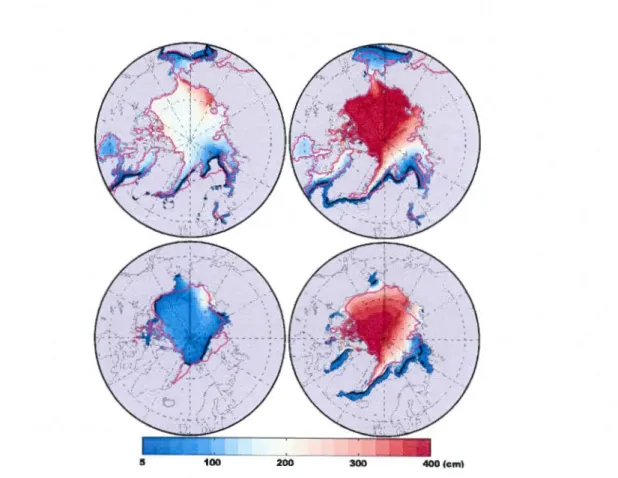 Figure  1.2:  1980- 1999  average  sea  ice  thickness  (cm)  and  sea  ice  margin  (SIC>  15%;  black  contours)  for  the  ensemble  mean  of  the  three  RCAO  climate  projections  (left)  and  ECHAMS/MPI-OM  (right)  for  March  (top)  and  Septem