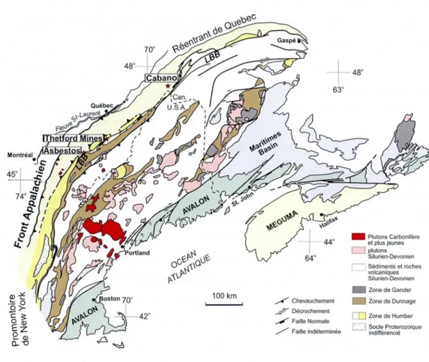 Figure  1.1  Carte simplifiée des Appalaches du Canada et de la Nouvelle-Angleterre  montrant les principaux éléments lithotectoniques de  la région, et localisant les  3 régions  d'étude dans les localités d'Asbestos, Thetford Mines et Cabano (modifiée de