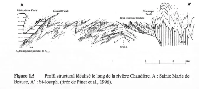 Figure 1.4  Carte  géologique  des  principales  unités  lithologiques  et  des  structures  majeures  des  Appalaches  du  sud  du  Québec  selon  Williams  et  St-Julien  (1982):  1)  socle  grenvillien,  2)  plateforme  du  Saint-Laurent,  3)  ceinture 
