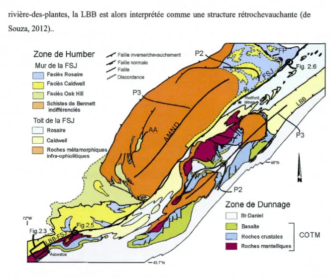Figure 2.2  Carte géologique de la région Estrie-Beauce (modifiée d'après de Souza et  Tremblay 2010 ; Tremblay et Perrot 2013)