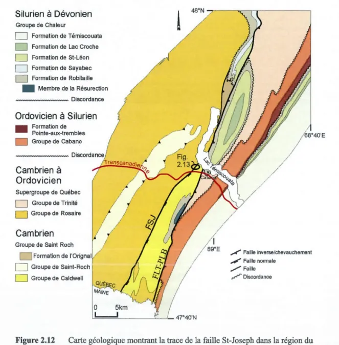 Figure 2.12  Carte géologique montrant la trace de la faille  St-Joseph dans la région du  Bas-Saint-Laurent