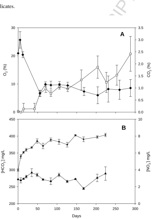 Fig. 1. Results of STE (A)and OIL-(B) sets. Concentrations in oxygen (♦) and carbon dioxide  (□) in sterile microcosms (A), concentrations in nitrate (+) and HCO 3 
