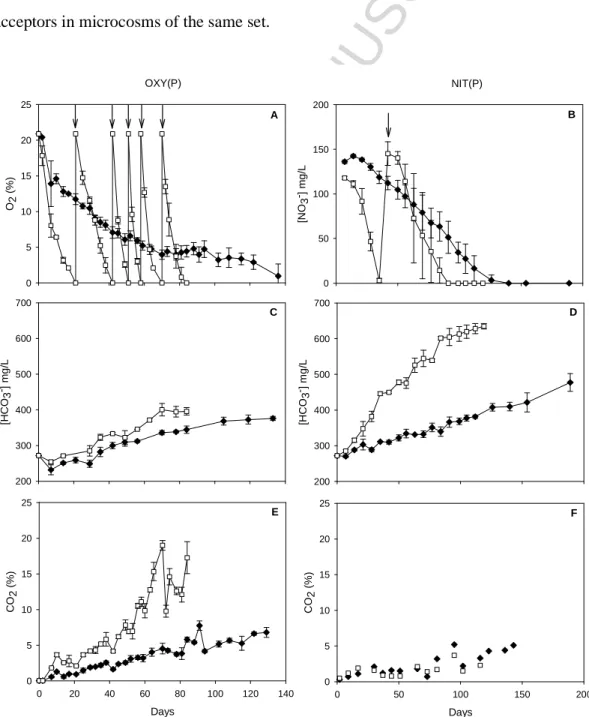 Fig. 3. Results of oxygen and nitrate experiments. Left column: consumption of oxygen (A),  production of HCO 3 