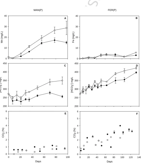 Fig. 4. Results of iron and manganese experiments. Left column: production of dissolved  manganese (A), production of HCO 3 