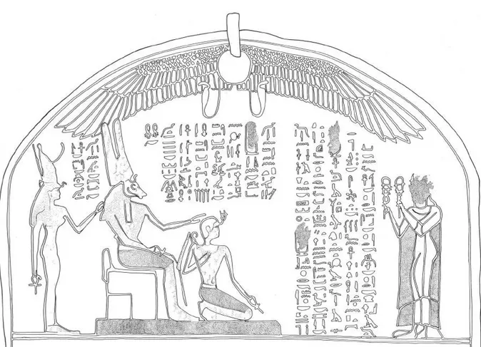 Fig. 1: lunette of Aspalta Election Stela Cairo JE 48866 (Grimal, Quatre stèles napatéennes, pl