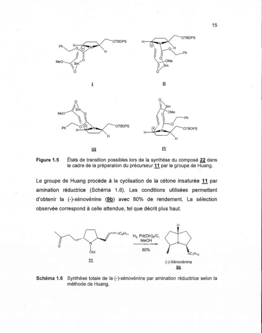 Figure  1.5  États  de transition  possibles  lors  de  la  synthèse  du  composé  22  dans  le  cadre de la  préparation  du  précurseur  11  par le  groupe de  Huang 