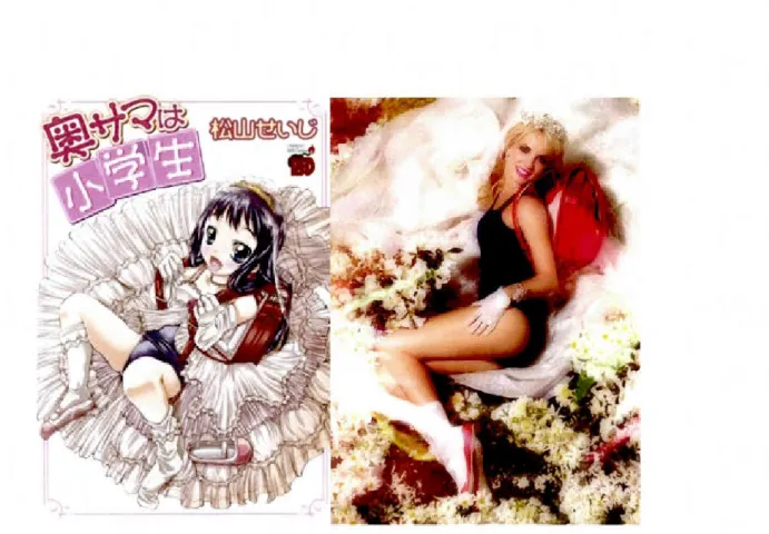 Figure  15  Page couverture du  manga  My  Wife  is  a  Grade Schooler,  Sei  ji  Mats uya ma  comparée à  une des photographies de la série photographique de Takashi  Murakami et Todd Cole dans  POP