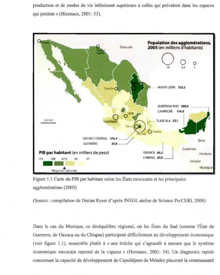 Figure  1.1 Carte du PIB par habitant selon  les  États mexicain s et les principales  agglomération s (2005) 