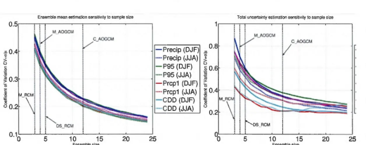 Figure  2.2  Coefficient  of  variation  (CV)  of  mean  seasonal  precipitation  and  precipitation  indices  for  DJF  and  JJA,  for  Ensemble  Absolute  Mean  Sensitivity  (EAMS,  left  panel)  and  total  uncertainty  (  Œior,  right  panel)  estimati