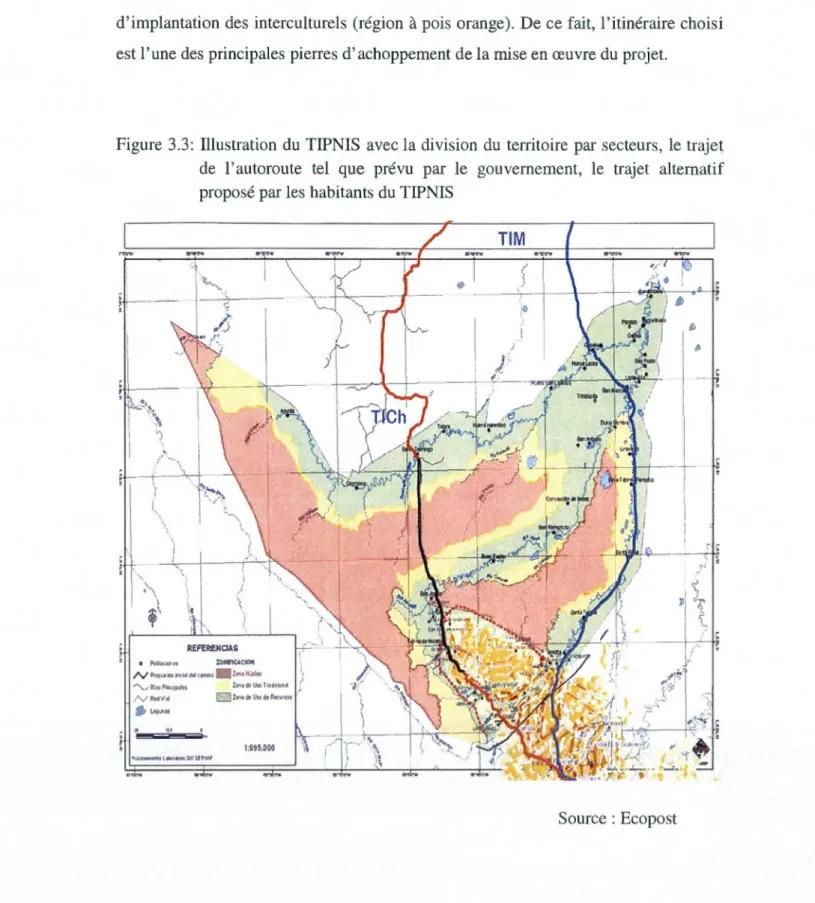 Figure  3.3:  Dlustration  du  TIPNIS  avec la  division  du  territoire  par  secteurs,  le  trajet  de  l'autoroute  tel  que  prévu  par  le  gouvernement,  le  trajet  alternatif  proposé par les  habitants du  TIPNIS 